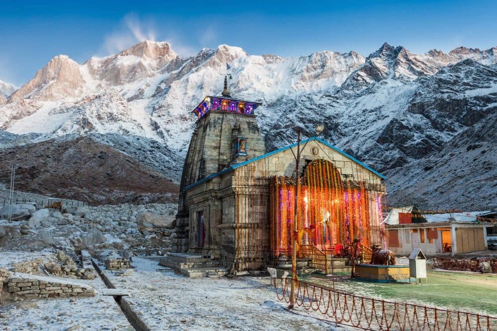 Kedarnath Temple against snow-covered Himalayan peaks, Uttarakhand
